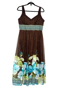 Vintage Y2K Earthy Floral Midi Dress 100% Silk Beaded Pleated Goblincore Fairy
